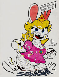  absurd_res anthro barely_visible_genitalia barely_visible_pussy buckteeth cake clothed clothing crossover dessert dialogue dress female food food_fetish food_play genitals hi_res lagomorph leporid mammal mario_bros mario_plus_rabbids_kingdom_battle nintendo playful pussy rabbid rabbid_peach rabbit raving_rabbids rayman_(series) sebaku slightly_chubby slightly_chubby_female solo teeth traditional_media_(artwork) ubisoft 