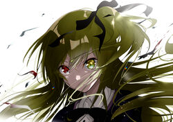  absurdres assault_lily black_capelet black_ribbon blurry capelet closed_mouth collared_shirt commentary_request debris depth_of_field female floating_hair hair_between_eyes hair_over_mouth hair_ribbon heterochromia highres kuo_shenlin lens_flare light_brown_hair light_particles long_hair looking_at_viewer meen_(ouaughikepdvrsf) neck_ribbon one_side_up partial_commentary portrait red_eyes ribbon school_uniform shade shirt simple_background solo v-shaped_eyebrows white_background white_shirt yellow_eyes yurigaoka_girls_academy_school_uniform 