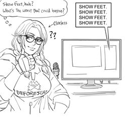  ? ?? absurdres bb_(baalbuddy) braid breasts closed_mouth clothes_writing clueless_(meme) commentary english_commentary english_text female glasses greyscale hair_over_shoulder hand_on_own_chin highres hood hoodie julia_chang lips meme microphone monitor monochrome native_american print_hoodie simple_background smile solo tekken thinking thought_bubble twin_braids white_background 