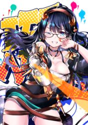  absurdres airbrush bad_id bad_pixiv_id black_hair blue_eyes bracelet breasts cleavage ear_piercing female glasses graffiti granblue_fantasy grin highres illnott_(granblue_fantasy) jewelry large_breasts long_hair paint_splatter piercing shorts signature smile solo wiping_face yoake 