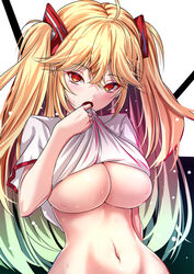  ahoge akeyama_kitsune arm_behind_back azur_lane black_background blonde_hair bluecher_(azur_lane) blush breasts clothes_lift crossed_bangs dot_nose female gradient_hair hair_between_eyes hand_up lifting_own_clothes long_hair looking_at_viewer multicolored_hair navel no_bra open_mouth shirt shirt_lift short_sleeves skindentation solo sweat two_side_up underboob very_long_hair white_background white_shirt wide_hips 