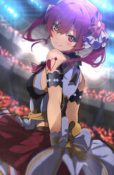  alternate_costume armband arms_behind_back arrow_through_heart bad_id bad_pixiv_id bare_shoulders blush bow breasts closed_mouth commentary dot_nose eyebrows_hidden_by_hair female frills hair_between_eyes heart heart_tattoo heterochromia highres hololive hololive_idol_uniform houshou_marine icehotmilktea idol idol_clothes light looking_at_viewer looking_back medium_breasts medium_hair official_alternate_costume red_eyes red_hair red_skirt shoulder_tattoo skirt smile solo spotlight stadium tattoo twintails virtual_youtuber yellow_eyes 