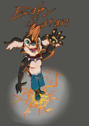  absurd_res anthro baby_satan bottomwear clothing collar curls dahbastard digital_media_(artwork) ear_piercing ear_ring eukayoticprokaryote footwear hi_res krita_(artwork) lysle piercing ring_piercing scar shoes shorts sneakers solo spiked_collar spikes 