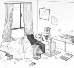  anthro bed bed_covers bedding bedroom bodily_fluids crying detailed_background female furniture greyscale hair hi_res inside junkochi lagomorph leporid line_art mammal monochrome on_bed rabbit sad short_hair sitting sitting_on_bed solo tears window 