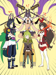  2boys 2girls amber_(100_outrider)_(genshin_impact) amber_(genshin_impact) animal_ears asymmetrical_sleeves black_dress black_gloves black_hair blue_footwear blue_pants boots bow_(weapon) breasts brown_eyes brown_thighhighs collei_(genshin_impact) cropped_jacket cyno_(genshin_impact) drawing_bow dress emphasis_lines fire fox_boy fox_ears fox_tail genshin_impact gloves goggles goggles_around_neck green_hair grey_eyes hair_between_eyes hair_over_one_eye hair_ribbon hairband highres holding holding_bow_(weapon) holding_weapon jacket kooan long_hair long_sleeves medium_breasts multicolored_hair multiple_boys multiple_girls official_alternate_costume pants puffy_pants red_hairband red_jacket red_ribbon red_shorts red_thighhighs ribbon short_shorts short_sleeves shorts sitting staff_of_the_scarlet_sands_(genshin_impact) stool streaked_hair tail thigh_boots thighhighs tighnari_(genshin_impact) v-shaped_eyebrows very_long_hair vision_(genshin_impact) weapon white_footwear white_gloves white_hair 