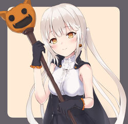  black_gloves blush breasts cape closed_mouth earrings female food-themed_earrings gloves grey_hair halloween hands_up highres holding jack-o&#039;-lantern jack-o&#039;-lantern_earrings jewelry long_hair looking_at_viewer orange_eyes original parufeito pumpkin sidelocks simple_background small_breasts smile solo 