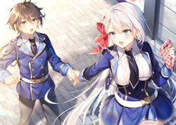  1boy :d ahoge black_hair black_necktie blue_eyes blue_jacket bow breasts collar crepe earrings excalibur_academy_uniform female food hair_between_eyes hairbow high-waist_skirt highres holding holding_food holding_hands jacket jewelry leonis_death_magnus long_hair long_sleeves medium_breasts necktie novel_illustration official_art open_mouth outdoors red_bow riselia_ray_crystalia school_uniform seiken_gakuin_no_maken_tsukai short_hair skirt smile standing sweets textless_version toosaka_asagi uniform very_long_hair white_collar white_hair 