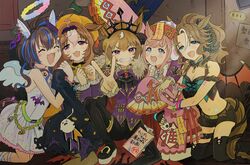  &gt;_&lt; 5girls :3 :d ^_^ agnes_digital_(lovely_jiangshi)_(umamusume) agnes_digital_(umamusume) ahoge angel_wings animal_ears bare_shoulders belt black_dress black_footwear black_shorts blue_eyes blue_hair blush boots breasts brown_hair candy cleavage closed_eyes daitaku_helios_(sunshine_angel)_(umamusume) daitaku_helios_(umamusume) demon_horns detached_sleeves double_bun dress ear_covers food frilled_sleeves frills gyaru hair_between_eyes hair_bun halloween halloween_costume highres horns horse_ears horse_girl horse_tail inaho_soji jiangshi jiangshi_costume long_hair long_sleeves looking_at_viewer meisho_doto_(dot-o&#039;-lantern)_(umamusume) meisho_doto_(umamusume) mejiro_palmer_(devil_in_the_moonlight)_(umamusume) mejiro_palmer_(umamusume) multicolored_hair multiple_girls navel notebook oerba_yun_fang official_alternate_costume ofuda orange_headwear pink_hair puffy_sleeves purple_eyes sharp_teeth shinko_windy_(burst_out!_the_demon_king&#039;s_army_of_terror)_(umamusume) shinko_windy_(umamusume) short_hair short_shorts shorts single_ear_cover sitting sleeves_past_wrists smile streaked_hair tail teeth thigh_boots two-tone_hair umamusume v white_hair wings 