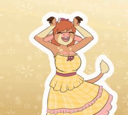  animated anthro bovid bovine breasts caramelldansen cattle changeling_tale closed_eyes clothing dress exposure_variation female fingers hair hooved_fingers hooves horn mammal marion_(changeling_tale) meme moomaid open_mouth short_playtime simple_background smile solo tail yellow_clothing yellow_dress 