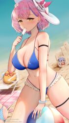  anchor_hat_ornament ass azur_lane ball bare_shoulders beach beachball bikini blue_bikini blush braid braided_bangs breasts chair cleavage commentary covered_nipples cup day drinking_glass earrings eating essex_(azur_lane) female flower food gradient_sky hair_flower hair_ornament hat hat_ornament highres holding ice_cream jewelry kitsune-neko large_breasts lifebuoy lifebuoy_ornament looking_at_viewer looking_back lounge_chair manjuu_(azur_lane) multi-strapped_bikini multicolored_hair navel official_alternate_costume outdoors pink_hair sand_castle sand_sculpture short_hair sitting sky solo streaked_hair sun_hat swim_ring swimsuit tartu_(azur_lane) tartu_(overthinking_summer)_(azur_lane) thighs tropical_drink yellow_eyes 