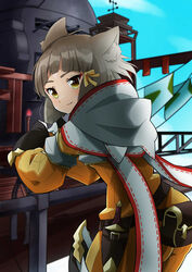  absurdres animal_ears ass bodysuit breasts cat_ears cowboy_shot dagger day female grey_hair highena highres hood hood_down knife leaning_forward looking_at_viewer looking_back nia_(xenoblade) outdoors pouch short_hair small_breasts solo turret weapon xenoblade_chronicles_(series) xenoblade_chronicles_2 yellow_bodysuit yellow_eyes 