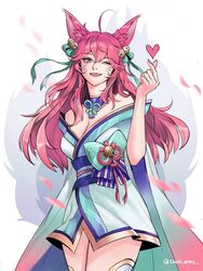  ahri_(league_of_legends) animal_ear_fluff animal_ears bare_shoulders bell breasts cleavage cowboy_shot facial_mark female finger_heart fox_ears fox_tail hair_bell hair_ornament hand_up japanese_clothes kimono large_breasts league_of_legends long_hair looking_at_viewer pink_hair ribbon sawolapril short_kimono smile solo spirit_blossom_ahri tail teeth whisker_markings 