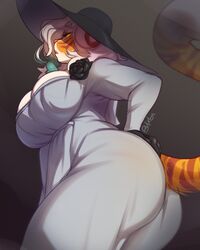  2021 alcina_dimitrescu anthro big_breasts breasts buxbi buxbi_(character) capcom cleavage clothed clothing cosplay countershading dress felid female fully_clothed hair hat headgear headwear mammal multicolored_hair pantherine resident_evil solo thick_thighs tiger two_tone_hair white_hair 