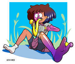  2020 2_toes 4_fingers 5_fingers absurd_res acecomix amphibia_(series) amphibian anne_boonchuy blue_sky blush bottomwear brown_hair cattail_(plant) clothing dark_body dark_skin disney feet female fingers frog glistening glistening_body glistening_skin hair hi_res holding_tongue human long_tongue mammal membrane_(anatomy) mid_transformation one_sock one_sock_on open_mouth purple_body purple_skin school_uniform shadow signature simple_background skirt sky solo square toes tongue tongue_out transformation uniform webbed_feet white_background yellow_tongue young 