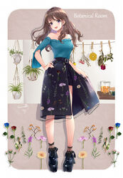  :d bare_shoulders belt belt_buckle black_belt black_footwear black_shorts black_skirt blue_flower blue_rose blue_shirt blush breasts brown_hair buckle commentary english_text female floral_print flower hand_on_own_hip highres long_hair long_sleeves looking_at_viewer off-shoulder_shirt off_shoulder open_mouth original pink_flower pink_rose plant platform_footwear print_skirt puracotte purple_eyes purple_flower red_flower red_rose rose round_teeth shirt shoes short_shorts shorts signature skirt small_breasts smile solo standing teeth upper_teeth_only 