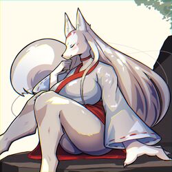  1:1 anthro big_breasts blush breasts canid canine chatora_(pixiv) clothed clothing female female_anthro fur grey_body grey_fur hair kemono long_hair mammal solo topwear 