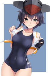  asymmetrical_hair black_gloves black_hair black_one-piece_swimsuit blush border brown_eyes closed_mouth covered_navel cowboy_shot female gloves hair_between_eyes hat highres i-14_(kancolle) kantai_collection kodama_(mmt_uf) looking_at_viewer one-piece_swimsuit open_clothes open_shirt partially_fingerless_gloves school_swimsuit shirt short_hair single_glove sleeveless sleeveless_shirt solo swimsuit swimsuit_under_clothes white_border white_shirt 