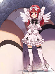  arms_up bad_id bad_twitter_id black_bow black_bowtie blunt_bangs bow bowtie commentary_request deathsmiles dress feathered_wings female female_pubic_hair frilled_dress frills full_body hairbow highres long_hair looking_to_the_side mtu_virus multiple_views panties platform_footwear pubic_hair red_eyes red_hair see-through smile standing stupa13a thighhighs underwear upskirt white_bow white_dress white_footwear white_panties white_thighhighs windia_(deathsmiles) wings zettai_ryouiki 