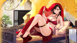  504_gateway absurdres anklet arizona_(azur_lane) arizona_(enchantress_from_afar)_(azur_lane) arm_support azur_lane barefoot black_hair blue_eyes bonsai bra bracelet breasts choker cleavage commentary earrings feet female highres jewelry knees_up large_breasts legs lingerie long_hair looking_at_viewer navel official_alternate_costume on_bed pendant_choker pillow plantar_flexion red_bra red_choker red_veil single_earring solo stomach thigh_strap thighs toenails toes underwear veil 