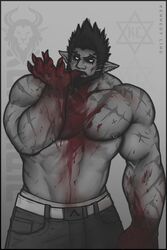  1boy bara beard biting black_sclera black_theme blood blood_on_body blood_on_hands brusi_(iixblacklionxii) colored_sclera cowboy_shot demon_boy eating facial_hair fingernails frown highres iixblacklionxii large_hands large_pectorals looking_at_viewer male_focus mature_male monster_boy muscular muscular_male navel nipple_piercing nipple_rings nipples original pectorals piercing pointy_ears scar scar_on_arm sharp_fingernails short_hair solo spiked_hair spot_color stomach strongman_waist thick_eyebrows topless_male 