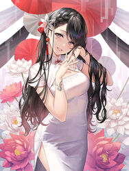  black_hair bracelet braid breasts china_dress chinese_clothes cowboy_shot dress earrings female flower grey_eyes hair_flower hair_flowing_over hair_lift hair_ornament hair_ribbon highres jewelry long_hair looking_at_viewer medium_breasts mole mole_under_eye nail_polish okuma_mai original red_flower red_ribbon ribbon ring short_sleeves smile solo standing transparent transparent_flower white_dress white_flower white_nails 