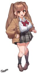  absurdres auraaa black_skirt borrowed_character bow breasts brown_eyes brown_footwear brown_hair brown_sweater collared_shirt female highres kodama_(sakura_yuki) large_breasts long_hair open_mouth original plaid plaid_skirt red_bow shirt skirt smile solo sweater white_background white_shirt 