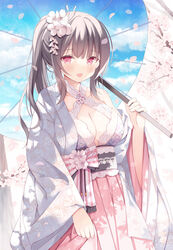  :d blush bow bra branch breasts cherry_blossoms cleavage female flower grey_hair hair_flower hair_ornament holding holding_umbrella hoshino_koucha japanese_clothes kimono light_blush lingerie long_hair long_sleeves looking_at_viewer medium_breasts obi open_clothes open_kimono open_mouth original outdoors petals pink_flower pink_skirt ponytail red_eyes sash sidelocks skirt skirt_hold smile solo tree umbrella underwear wide_sleeves 