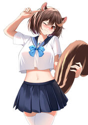  absurdres animal_ears arm_up azur_lane blue_bow blue_bowtie blue_sailor_collar blue_skirt blush bow bowtie brown_hair catnnn chinese_commentary commentary_request cowboy_shot crop_top crop_top_overhang female hair_between_eyes highres holding_own_tail looking_at_viewer midriff miniskirt navel nose_blush official_alternate_costume one_eye_closed pleated_skirt pointing red_eyes sailor_collar sailor_shirt school_uniform serafuku shirt short_hair short_sleeves simple_background skirt solo squirrel_ears squirrel_girl squirrel_tail standing stomach tail thighhighs thighs wakaba_(a_healthy_dose_of_sunshine!)_(azur_lane) wakaba_(azur_lane) white_background white_shirt white_thighhighs 