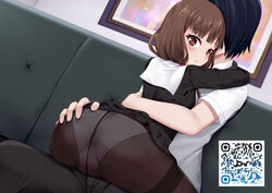  1boy :o ass ass_grab black_dress black_hair black_pants blush brown_eyes brown_hair brown_legwear brown_ribbon chinese_commentary chrisandita collared_shirt commentary couch crotch_seam dress dutch_angle female iino_miko ishigami_yuu kaguya-sama_wa_kokurasetai_~tensai-tachi_no_renai_zunousen~ long_hair looking_at_viewer looking_back neck_ribbon on_couch panties panties_under_pantyhose pants pantyhose parted_lips ribbon school_uniform shirt short_sleeves shuuchiin_academy_school_uniform sitting sitting_on_lap sitting_on_person straight thighband_pantyhose underwear white_shirt 