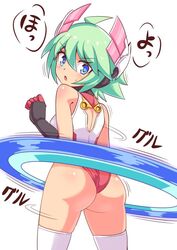  ahoge ass ass_shake azure_striker_gunvolt azure_striker_gunvolt_2 bare_shoulders blue_eyes breasts cougar_(cougar1404) elbow_gloves female gloves green_hair headgear hoop hula_hoop leotard looking_at_viewer motion_lines open_mouth roro_(gunvolt) short_hair simple_background solo sound_effects sweatdrop thighhighs white_background 