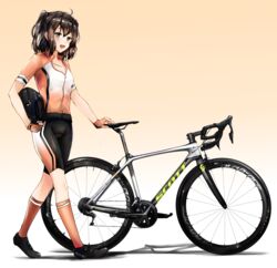  adapted_costume alternate_costume bicycle bicycle_helmet bike_shorts blush breasts brown_eyes brown_socks cycling_uniform female fingerless_gloves full_body gloves gradient_background hair_ornament helmet highres kantai_collection kazu_(really_in_hot_water_now) long_hair looking_at_viewer open_mouth sendai_(kancolle) small_breasts smile socks solo sportswear two_side_up 