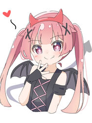  bare_shoulders black_dress black_gloves blush brown_hair closed_mouth commentary_request cropped_torso demon_horns demon_tail dress fake_horns fang_out female fingerless_gloves gloves hair_ornament hairband heart highres horns kapuru_0410 oerba_yun_fang purple_eyes red_hairband simple_background smile solo tail tanemura_koyori twintails upper_body watashi_ni_tenshi_ga_maiorita! white_background x_hair_ornament 