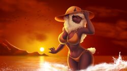  5_fingers amaverse anthro beach big_breasts black_body black_fur bovid breasts caprine clothed clothing curvy_figure female fingers fur hat headgear headwear hi_res horn looking_at_viewer mammal markings mole_(marking) mouthless orange_clothing orange_swimwear raychell sea seaside sheep solo summer sunset swimwear water were werecaprine weresheep widescreen wool_(fur) xalda_(shg_ver.) 