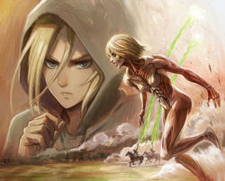  2girls 2others absurdres annie_leonhart aquiline_nose bad_cgsociety_id bad_id blonde_hair blue_eyes breasts elvafirst female_titan frown hair_between_eyes highres hood horse multiple_girls multiple_others serious shingeki_no_kyojin small_breasts titan_(shingeki_no_kyojin) 