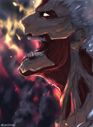  1boy armored_titan blonde_hair fire giant glowing glowing_eyes highres male_focus muscular muscular_male open_mouth reiner_braun roaring screaming shingeki_no_kyojin short_hair shouting smoke solo teeth titan_(shingeki_no_kyojin) vvv020vvv white_hair yellow_eyes 