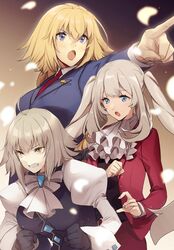  3girls black_ribbon black_vest blonde_hair blue_eyes blue_jacket blue_suit braid cosplay fate/apocrypha fate/grand_order fate_(series) formal franziska_von_karma_(cosplay) grey_hair gyakuten_saiban highres jacket jeanne_d&#039;arc_(fate) jeanne_d&#039;arc_(ruler)_(fate) jeanne_d&#039;arc_alter_(avenger)_(fate) jeanne_d&#039;arc_alter_(fate) karuma_mei long_braid long_hair marie_antoinette_(fate) miles_edgeworth miles_edgeworth_(cosplay) multiple_girls naruhodou_ryuuichi necktie no-kan open_clothes open_jacket open_mouth pants parody phoenix_wright_(cosplay) photoshop_(medium) purple_eyes red_jacket red_suit ribbon simple_background suit suit_jacket twintails vest 