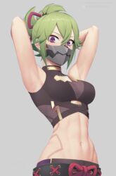  armpits arms_up bare_arms bare_shoulders black_shirt breasts commentary_request crop_top female genshin_impact green_hair grey_background hair_between_eyes kuki_shinobu large_breasts looking_at_viewer mask midriff mouth_mask navel ponytail purple_eyes putcher shirt short_hair simple_background sleeveless sleeveless_shirt solo stomach upper_body 