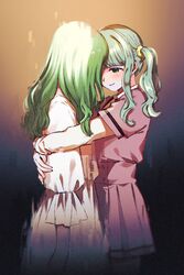  2girls ai-chan_(madoka_magica) arms_at_sides beige_background blunt_bangs dark_background darkness dissolving dress facing_away facing_viewer forehead-to-forehead frilled_sleeves frills futaba_sana gradient_background green_eyes green_hair grey_background hair_over_face half-closed_eyes hands_on_another&#039;s_back happy heads_together highres hug light_blush light_smile long_sleeves looking_down magia_record:_mahou_shoujo_madoka_magica_gaiden mahou_shoujo_madoka_magica mizuna_girls&#039;_academy_school_uniform multiple_girls oo_pd pleated_skirt protected_link puffy_long_sleeves puffy_sleeves purple_skirt school_uniform short_sleeves sidelocks skirt standing uniform uwasa_(madoka_magica) vignetting white_dress 