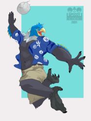  2021 3:4 4_toes 5_fingers abs absurd_res accipitrid accipitriform action_pose ahab_(ahugebird) aloha_shirt anisodactyl anthro avian avian_feet bald_eagle ball beak biceps biped bird black_body black_claws black_feathers blue_body blue_clothing blue_feathers blue_shirt blue_topwear bottomwear claws clothed clothing dated digital_media_(artwork) digitigrade eagle feathers feet finger_claws fingers full-length_portrait fully_clothed grey_body grey_feathers hi_res jumping khaki_shorts male mane midriff multicolored_body multicolored_feathers muscular muscular_anthro muscular_male navel open_beak open_clothing open_mouth open_shirt open_smile open_topwear pattern_clothing pattern_shirt pattern_topwear pecs pink_tongue portrait pose scuted_arms scutes sea_eagle shaded shirt signature simple_background smile solo speccychicken sport talons toe_claws toes tongue topwear volleyball volleyball_(ball) watermark yellow_beak yellow_sclera 