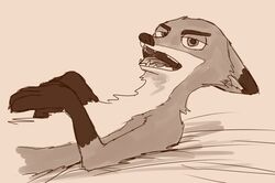  anthro bed canid canine disney ears_back famished_(artist) fox frown_eyebrows furniture looking_at_viewer lying male mammal nick_wilde nude on_back pivoted_ears red_fox solo teeth true_fox zootopia 