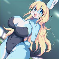  1:1 anthro big_breasts blonde_hair blue_body blue_eyes blue_fur blush breasts bunny_costume chatora_(pixiv) cleavage clothed clothing costume female fur hair huge_breasts lagomorph leporid long_ears mammal multicolored_body multicolored_fur open_mouth open_smile rabbit scut_tail short_tail smile solo tail thick_thighs two_tone_body two_tone_fur wide_hips 