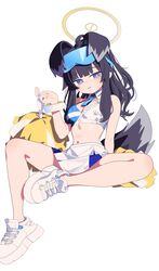  absurdres animal_ears bangle bare_legs bare_shoulders black_hair blue_archive blue_eyes blush bracelet breasts cheerleader cleavage commentary crop_top dog_ears dog_girl dog_tail female halo hibiki_(blue_archive) hibiki_(cheer_squad)_(blue_archive) highres holding jewelry long_hair looking_at_viewer mabera medium_breasts midriff millennium_cheerleader_outfit_(blue_archive) miniskirt navel official_alternate_costume pleated_skirt pom_pom_(cheerleading) shoes simple_background sitting skirt sneakers solo star_sticker tail thighs white_background white_footwear white_skirt yellow_halo 