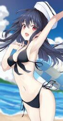  amamiya_yuuko beach bikini black_bikini black_hair blue_sky blurry blurry_background breasts chroemaguro cloud commentary_request cowboy_shot day ef_(visual_novel) female front-tie_bikini_top front-tie_top highres innertube long_hair medium_breasts navel outdoors red_eyes side-tie_bikini_bottom sky smile solo swim_ring swimsuit white_headwear 