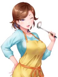  :d absurdres apron breasts brown_hair chishio_(onoderayui) collarbone female hand_on_own_hip highres holding holding_ladle ladle large_breasts looking_at_viewer love_live! love_live!_superstar!! mature_female one_eye_closed open_mouth purple_eyes shibuya_kanon&#039;s_mother short_hair simple_background smile solo standing white_background 