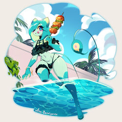  1boy animal_ears artist_name ass_visible_through_thighs bikini blue_eyes blue_hair blue_skin bracelet bulge cat_boy cat_ears cloud colored_skin commentary day english_commentary eyepatch hair_over_one_eye highres jewelry kitt_betelgeuse navel original otoko_no_ko outdoors partially_submerged see-through slit_pupils solo swimsuit tail thigh_strap tongue tongue_out velo_(kitt_betelgeuse) water watermark 