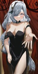  alternate_costume black_dress blue_eyes blue_nails braid breasts cleavage closed_mouth detached_collar dress earrings female genshin_impact grey_hair hair_ornament hair_over_one_eye highres jewelry large_breasts long_hair looking_at_viewer low-braided_long_hair low-tied_long_hair off-shoulder_dress off_shoulder reaching reaching_towards_viewer ring shenhe_(genshin_impact) shiben_(ugvu5784) side_slit smile solo wedding_ring 