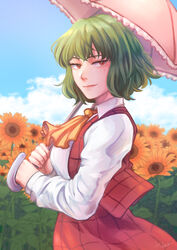  ascot blue_sky breasts cloud collared_shirt commentary_request cowboy_shot day eyebrows eyelashes female field flower flower_field frilled_umbrella frills from_side garden_of_the_sun green_hair half-closed_eyes hands_up highres holding holding_umbrella kazami_yuuka large_breasts leaf lips long_skirt long_sleeves looking_away looking_to_the_side mokouze nose orange_eyes orange_flower outdoors parasol pink_lips plaid plaid_skirt plaid_vest plant red_eyes red_skirt red_vest shirt short_hair signature skirt skirt_set sky smirk solo sunflower sunflower_field touhou tsurime umbrella vest watermark wavy_hair white_shirt wing_collar yellow_ascot 