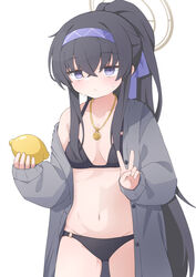  absurdres bags_under_eyes bikini black_bikini black_hair blue_archive blue_hairband blush breasts cardigan closed_mouth collarbone commentary cowboy_shot crossed_bangs female food fruit grey_cardigan hair_between_eyes hairband halo highres holding holding_food jewelry lemon long_hair long_sleeves looking_at_viewer mizusaki_(kn27) navel necklace o-ring off_shoulder open_clothes ponytail purple_eyes ribbon sidelocks simple_background sleeves_past_wrists small_breasts solo sweatdrop swimsuit ui_(blue_archive) ui_(swimsuit)_(blue_archive) v very_long_hair white_background 