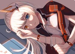  absurdres ahoge artist_name black_jacket blue_eyes blue_sky breasts cleavage cleavage_cutout clothing_cutout female hair_ornament heterochromia highres honkai_(series) honkai_impact_3rd indoors jacket kiana_kaslana kiana_kaslana_(void_drifter) long_hair looking_at_viewer orange_eyes sky solo subway takeawatch train_interior upper_body window 