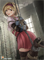  arms_behind_back blonde_hair boots bound brown_eyes chains djeeta_(granblue_fantasy) dress dungeon female fighter_(granblue_fantasy) from_behind gauntlets granblue_fantasy hairband open_mouth patreon_username pink_dress restrained rope sharpffffff solo suspension thigh_boots thighhighs window 